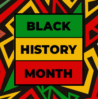 "Black History Month" surrounded by patterns in green, yellow and red
