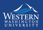 The words "Western Washington University" on a blue background with a stylized mountain in white and the ocean in blue