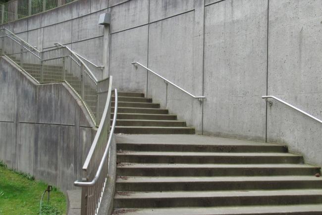 the concrete staircase on the outside of the SMATE building