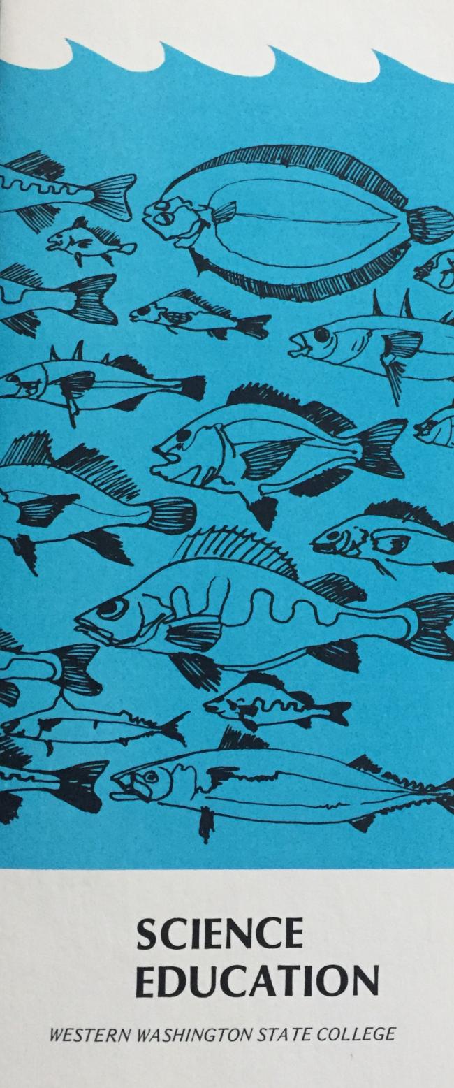 Picture of the original Science Education brocusre showing a line drawing of fish on a blue background