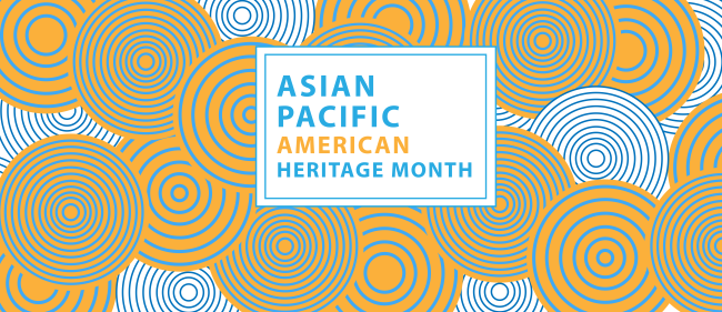 Banner with concentric circles in orange and blue with the text Asian Pacific American Heritage Month