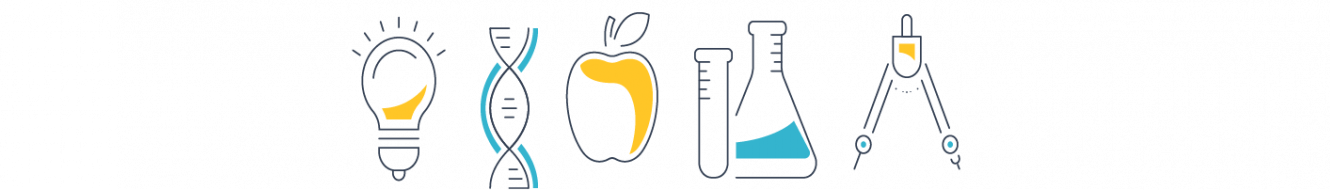 Line drawings of light bulb, DNA, Apple, Flask and Protractor
